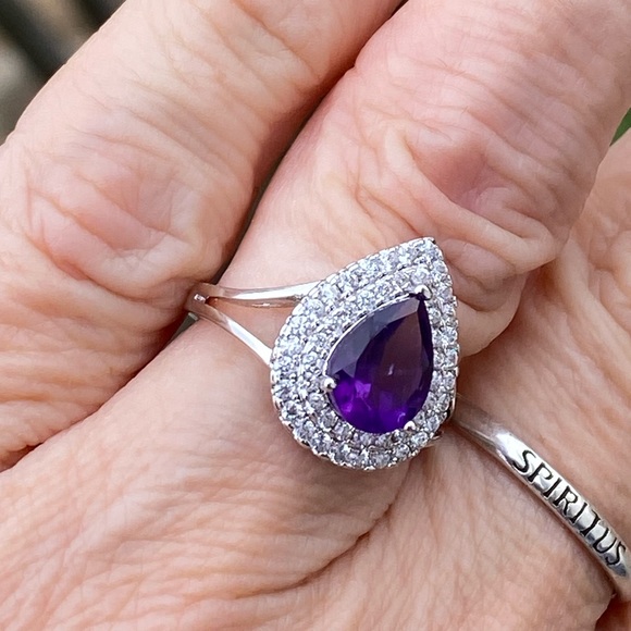 Amethyst teardrop halo ring platinum plated sz 7 brand new in box - Picture 10 of 16